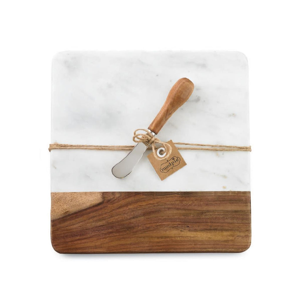 Marble and Wood Square Cheese Board Set